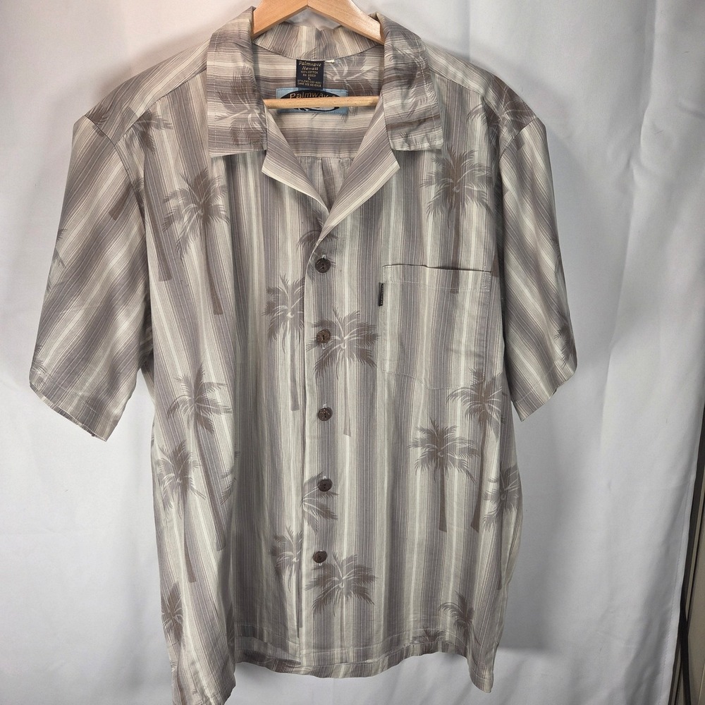 Vtg Palmwave Hawaii Mens Large Striped Palm Tree‎ Print Button Up Camp Shirt